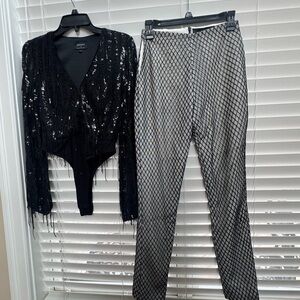 Black Sequin Bodysuit and Black sequin pants with white silk inside